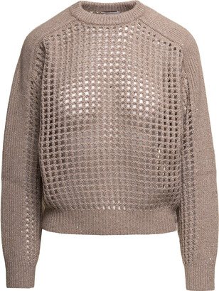 Beige Open-work Knit Sweater With All-over Mini Paillettes In Wool And Cashmere Woman