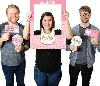 Big Dot of Happiness Hello Little One & Gold - Girl Selfie Photo Booth Picture Frame & Props