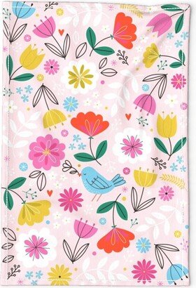 Whimsical Spring Tea Towel - Bluebird Of Happiness By Lellobird Bird Pink Flower Bright Folk Linen Cotton Canvas Spoonflower