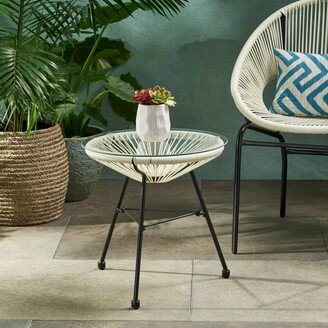 Ealdun Trade LLC Outdoor Modern Faux Rattan Side Table with Tempered Glass Top