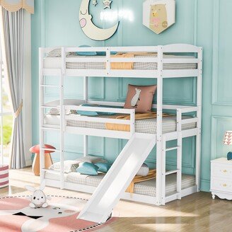 Gerojo Twin over Twin over Twin Adjustable Floor Triple Bunk Bed with Ladder and Slide, White