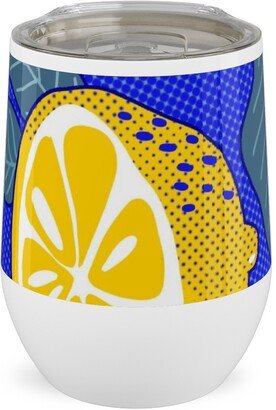 Travel Mugs: Lemons Pop Art - Blue And Yellow Stainless Steel Travel Tumbler, 12Oz, Yellow