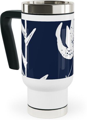 Travel Mugs: Lily Stripe - Blue Travel Mug With Handle, 17Oz, Blue