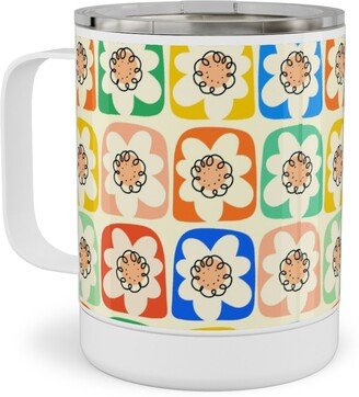 Travel Mugs: Abstract Retro Flower Doodle Squares - Multi Stainless Steel Mug, 10Oz, Multicolor