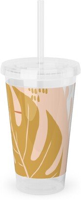 Travel Mugs: Paradiso - Tropical Palm Fronds - Golden Blush Acrylic Tumbler With Straw, 16Oz, Pink