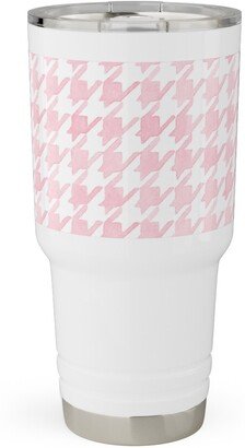 Travel Mugs: Happy Houndstooth Travel Tumbler, 30Oz, Pink