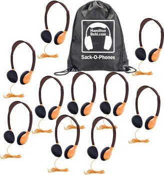 HamiltonBuhl® Sack-O-Phones, 10 Personal Headphones in a Carry Bag, Orange