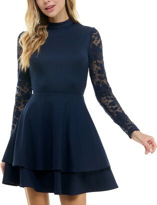 Junior's Mock-Neck Lace-Sleeve Fit & Flare Dress