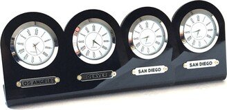 Black 5mm Acrylic 4-Piece Table Clock. Names Of Three Regions Or Cities. Customizable Labels. Gold & Silver Watch Option. Time Zone Clock