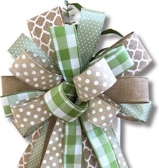 Green Buffalo Plaid Farmhouse Wreath Bow, & White Check Door Decor Neutral Lantern Bow