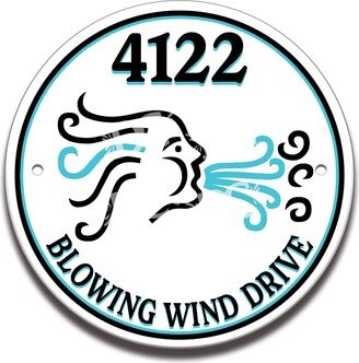 Blowing Wind Themed Ceramic House Number Circle Tile, Cottage Address Door Sign, Windy Day