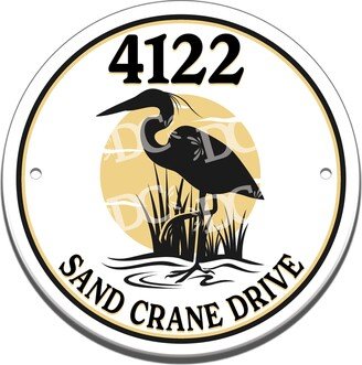 Sand Crane Themed Ceramic House Number Circle Tile, Heron Address Door Sign, Great