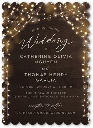 Wedding Invitations: Twinkling Curtain Wedding Invitation, Brown, 5X7, Pearl Shimmer Cardstock, Scallop