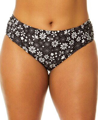 Salt + Cove Trendy Plus Size Coastal Fleurs Soft Side-Tab Mid-Rise Bikini Bottoms, Created for Macy's - Black White Print