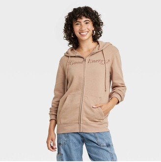 Women's Good Energy Zip-Up Graphic Hoodie - Brown