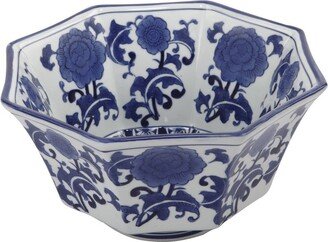 11 Inch Decorative Bowl with Floral Pattern on Blue and White Porcelain - 6 H x 10.5 W x 10.5 L Inches