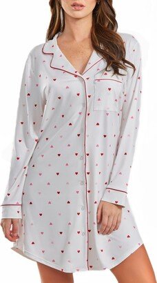 Kyley Plus Size Heart Print Button Down Sleep Shirt with Contrast Red Trim