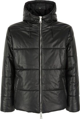 Drawstring-Hood Leather Puffer Jacket