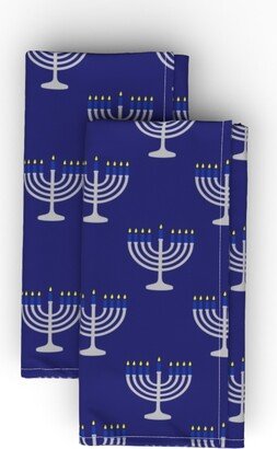 Cloth Napkins: Blue & Matte Silver Menorahs On Midnight Cloth Napkin, Longleaf Sateen Grand, Blue