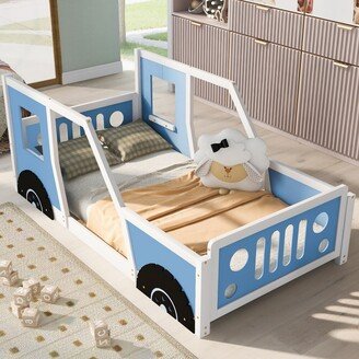 Aoolive Twin Size Classic Car-shaped Platform Bed with Half Wheels, Funny Kid's Bed, Pine Wood Twin Bed Frame