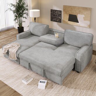 EKAR U_STYLE Upholstery Sleeper Sectional Sofa with Storage Space, USB port, 2 cup holders on Back Cushions