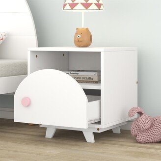 EDWINRAY Modern Cute Design Wooden Nightstand with a Drawer and an Open Storage, End Table for Children's Bedroom, White+Pink