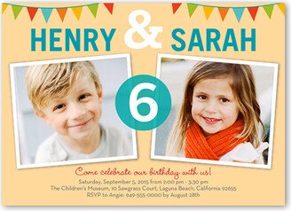 Twin Birthday Invitations: Bunting Abound Twin Birthday Invitation, Beige, Luxe Double-Thick Cardstock, Square