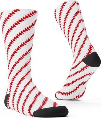 Socks: Baseball Stitch - Baseball - White Custom Socks, Red