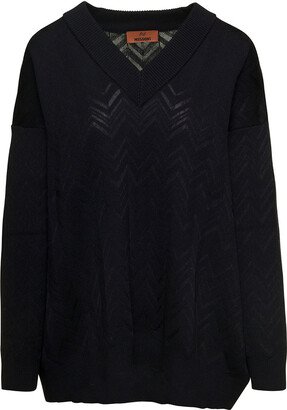 Wool Viscose Solid Colored Chevron V Neck Pull-AB