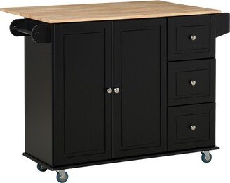 HOMCOM Mobile Kitchen Island Storage Trolley Cart on Wheels with Dropleaf Top, Towel/Spice Rack, 3 Drawers, 2-Door Cabinet, Black