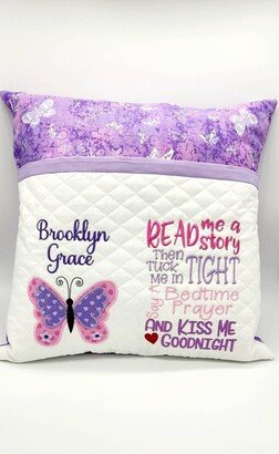 Girls Purple Butterfly Pocket Pillow, Little Girls Personalized Reading Book Pillow For Child's Bedroom, Pillow Nursery Decor