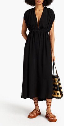 Gathered silk-crepe midi dress