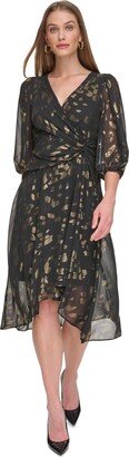 Petite V-Neck Side-Twist 3/4-Sleeve High-Low Dress - Black/Gold