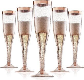 Chateau Fine Tableware Rose Gold Plastic Champagne Flutes Disposable - Rose Gold Glitter with a Rose Gold Rim - [1 Box of 36 ] 6.5 Oz - Elegant Stylish Mimosa Glasses Perfec