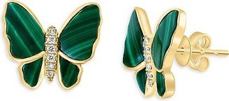 14K Yellow Gold, Malachite & Diamond Butterfly Stud Earrings