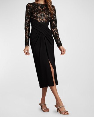 Pleated Sequin Illusion Crepe Midi Dress