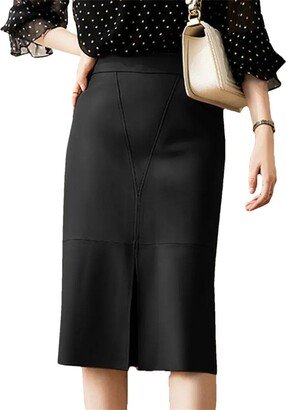 Pulcykp Vintage High Waisted Slit PU Leather Skirts Women Bright Line Decoration Knee Length Skirt Black M