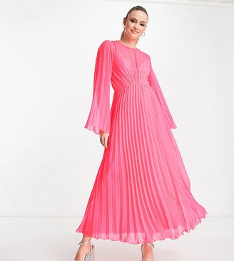 ASOS DESIGN Tall tie back fluted sleeve pleated midi dress in fluro pink