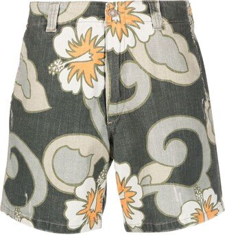 Hibiscus print denim shorts