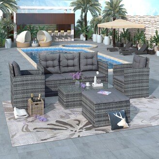 5-piece Outdoor UV-Resistant Patio Sofa Set with Storage Bench All Weather PE Wicker Furniture Coversation Set with Glass Table