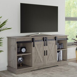 65-inch TV Stand with Media Console Shelves, Cable Management, and Sliding X-Style Barn Doors, Gray Woodgrain