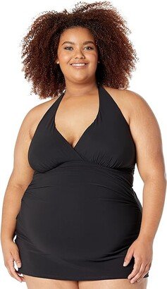 Plus Size Slimming Swimwear Clasp Halter Dress (Black) Women's Swimsuits One Piece