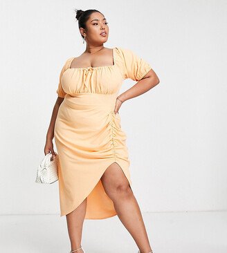 ASOS DESIGN Curve milkmaid neck ruche pencil midi dress in apricot