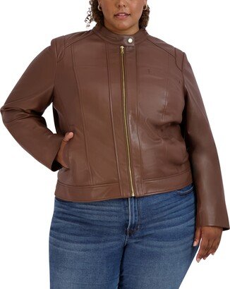 Women's Plus Size Stand-Collar Leather Moto Coat, Created for Macy's