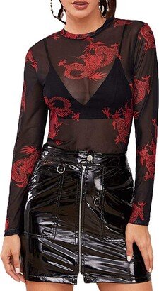 Remidoo Women's Long Sleeve Crewneck Dragon Print Sexy Sheer Mesh Crop Top X Large Red