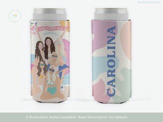 Girls Trip Slim Can Cooler, Custom Bachelorette Party Beach Cozie, Group Portrait Illustration Family Cooler