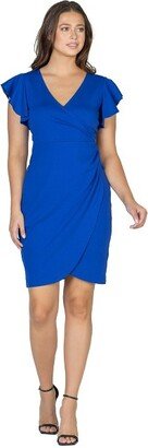 24seven Comfort Apparel Womens V Neck Ruffle Sleeve Knee Length Dress-Royal-M