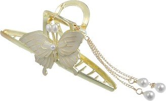 Unique Bargains Women's Pearl Long Tassel Metal Cute Butterfly Hair Claws Gold Tone 4.33