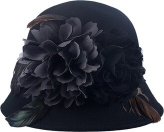 JYHBHMZG Flower Dome Australian Wool Felt Fedora Hats for Women Vintage Winter Church Cloche Hat Fedoras Bowler Cap Black53-57cm M