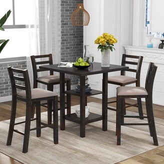 GREATPLANINC 5-Piece Counter Height Dining Set, Wooden Square Dining Table with Storage Shelving, Four Matching Padded Dining Chairs